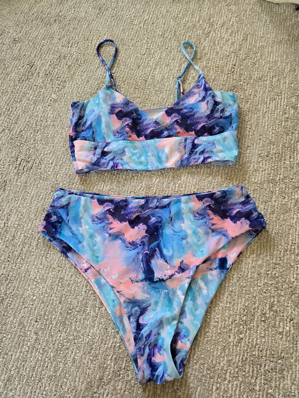 Marbled High-Waist Bikini Set in Aqua, Navy & Pink
